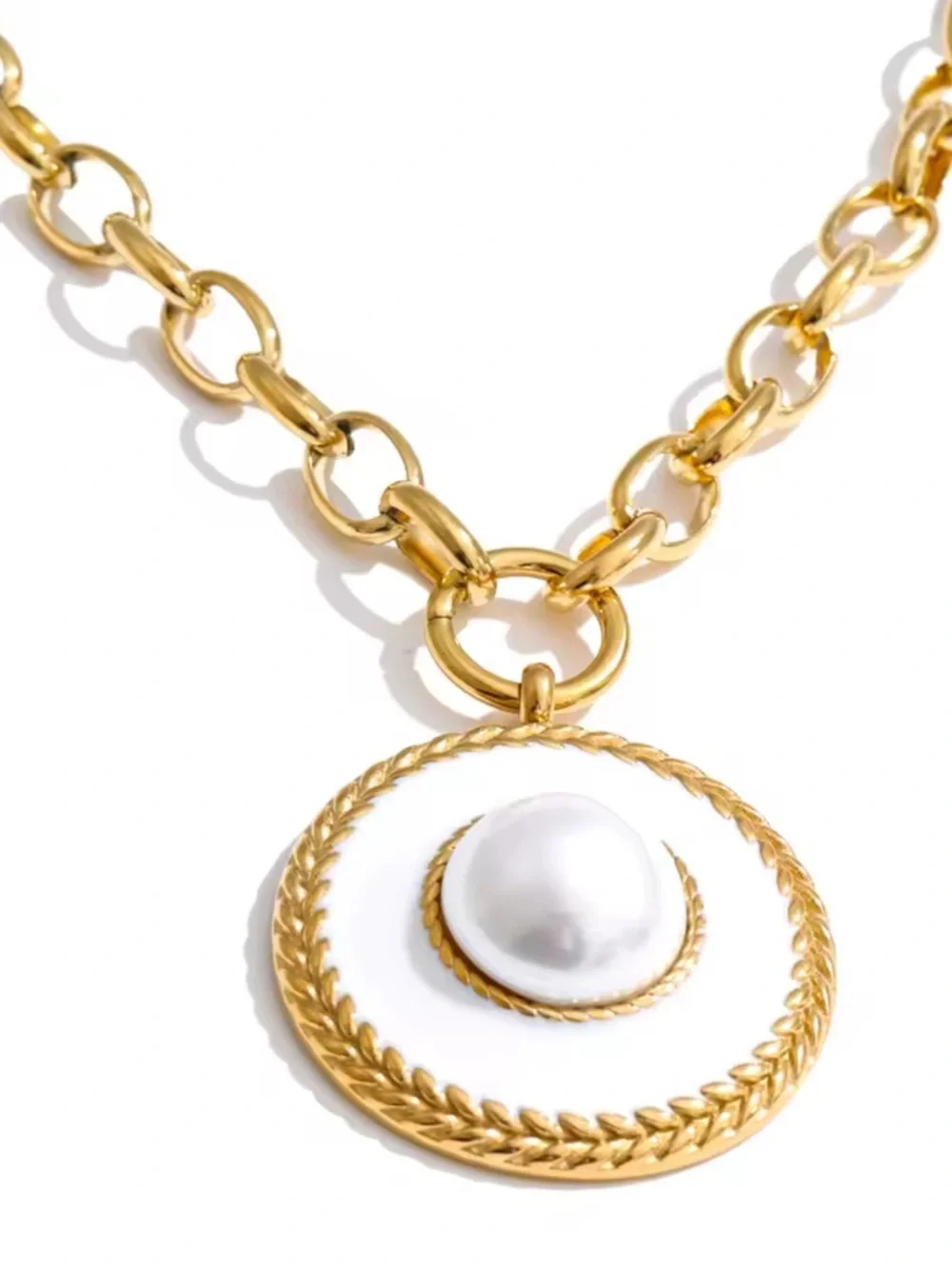 Gold Medallion White Pearl Circle Necklace